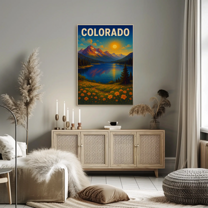 Colorado Sunset Mountain Lake Wildflower Travel Poster