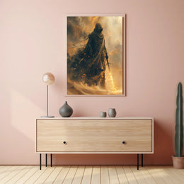Mysterious Robed Figure with Glowing Sword Fantasy Poster PosterGoat