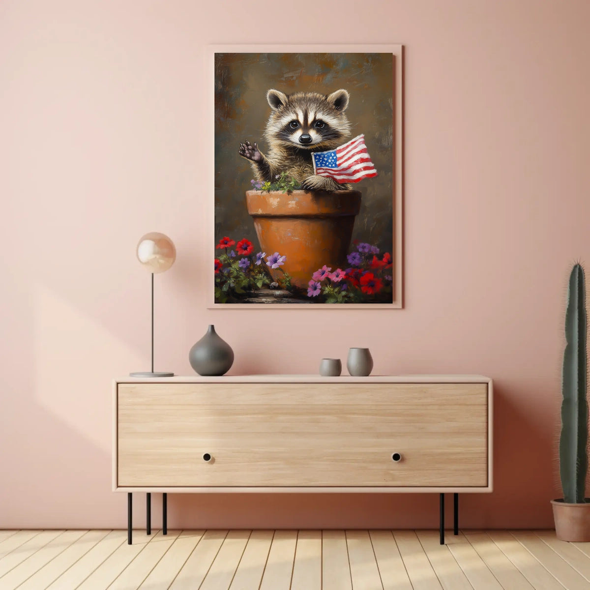 raccoon popping out of a large clay flowerpot Poster