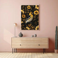 Elegant Yellow Bird Perched Among Flowers Animal Poster