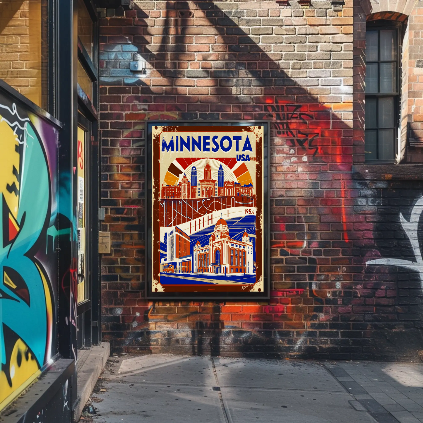 Minnesota USA 1950s Civic Skyline Vintage Travel Poster