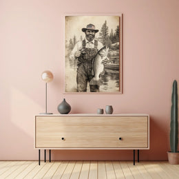 Vintage Fisherman Proudly Holds Large Bass Fishing Poster