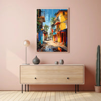 Vibrant Tropical Urban Street Scene Artistic Poster