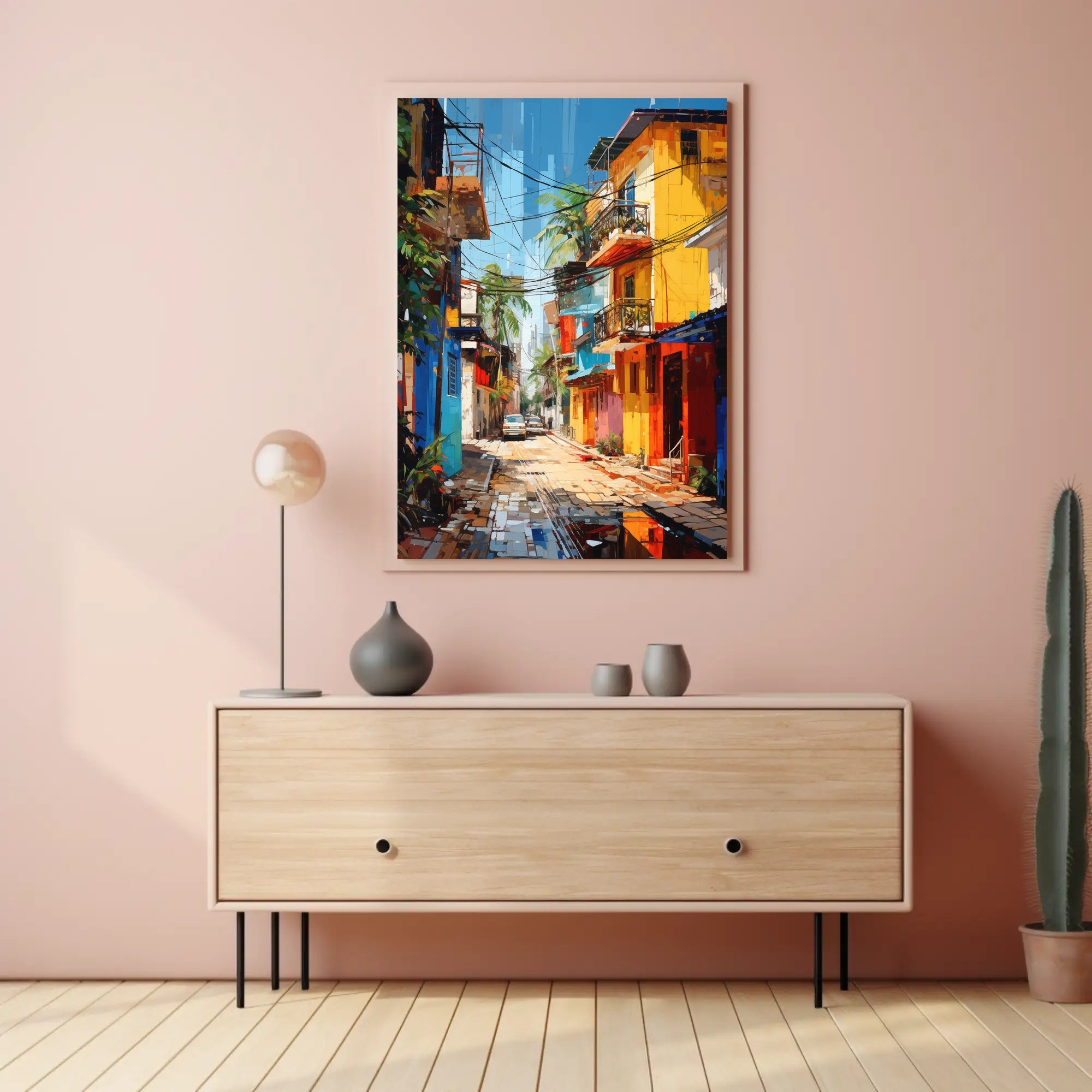 Vibrant Tropical Urban Street Scene Artistic Poster