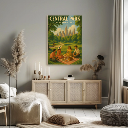 Central Park New York City Picnic Scene Vintage Poster