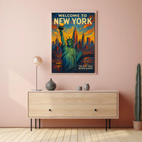 New York Skyline Sunset Art Poster Vintage Wall Art