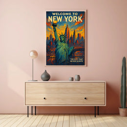 New York Skyline Sunset Art Poster Vintage Wall Art