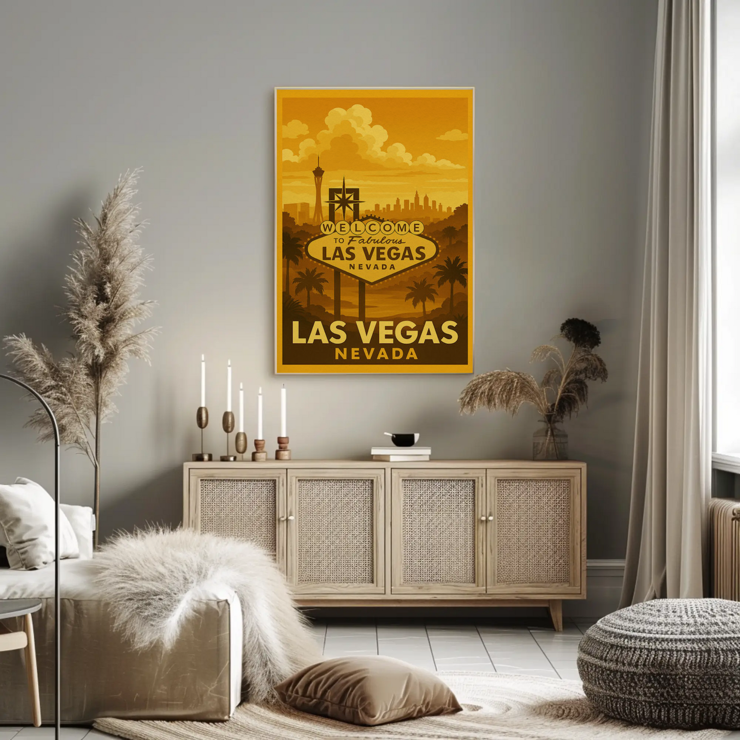 Golden Las Vegas Skyline Welcome Sign Retro Poster