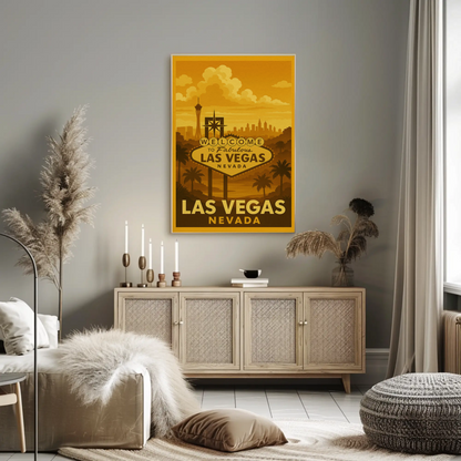 Golden Las Vegas Skyline Welcome Sign Retro Poster