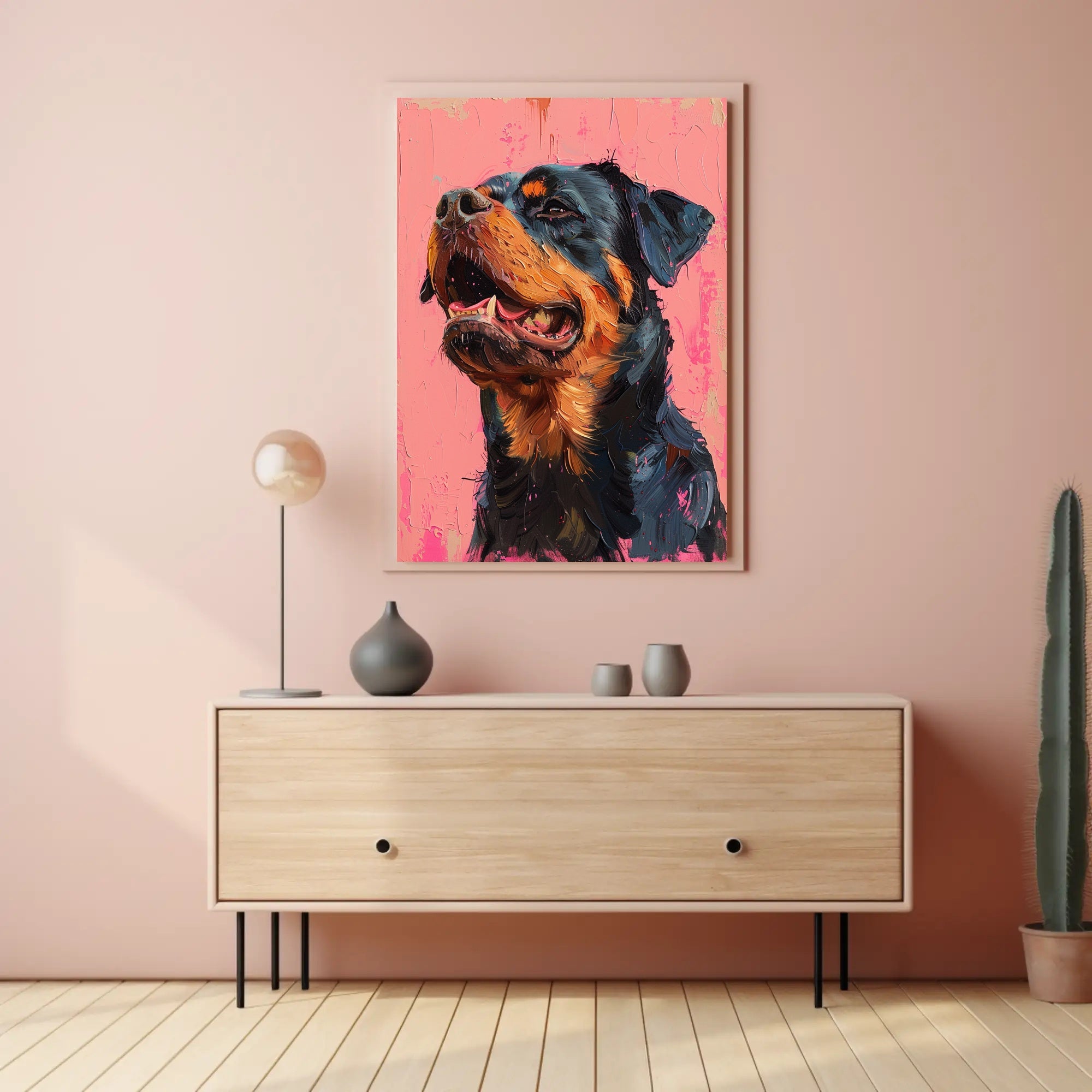 Striking Rottweiler Portrait on Vibrant Pink Dog Breed Poster PosterGoat
