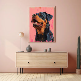 Striking Rottweiler Portrait on Vibrant Pink Dog Breed Poster PosterGoat