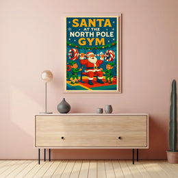 Santa Claus Lifting Weights Vintage Christmas Pop Culture Poster
