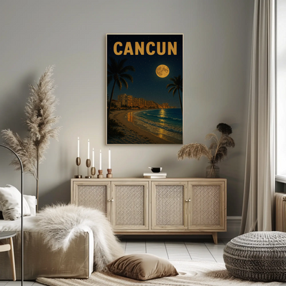Cancun Beachfront Skyline Moonlight Travel Poster