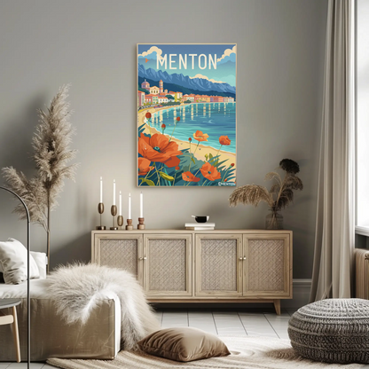 Menton France Beachfront Flowers Coastal Village Scene Travel Poster