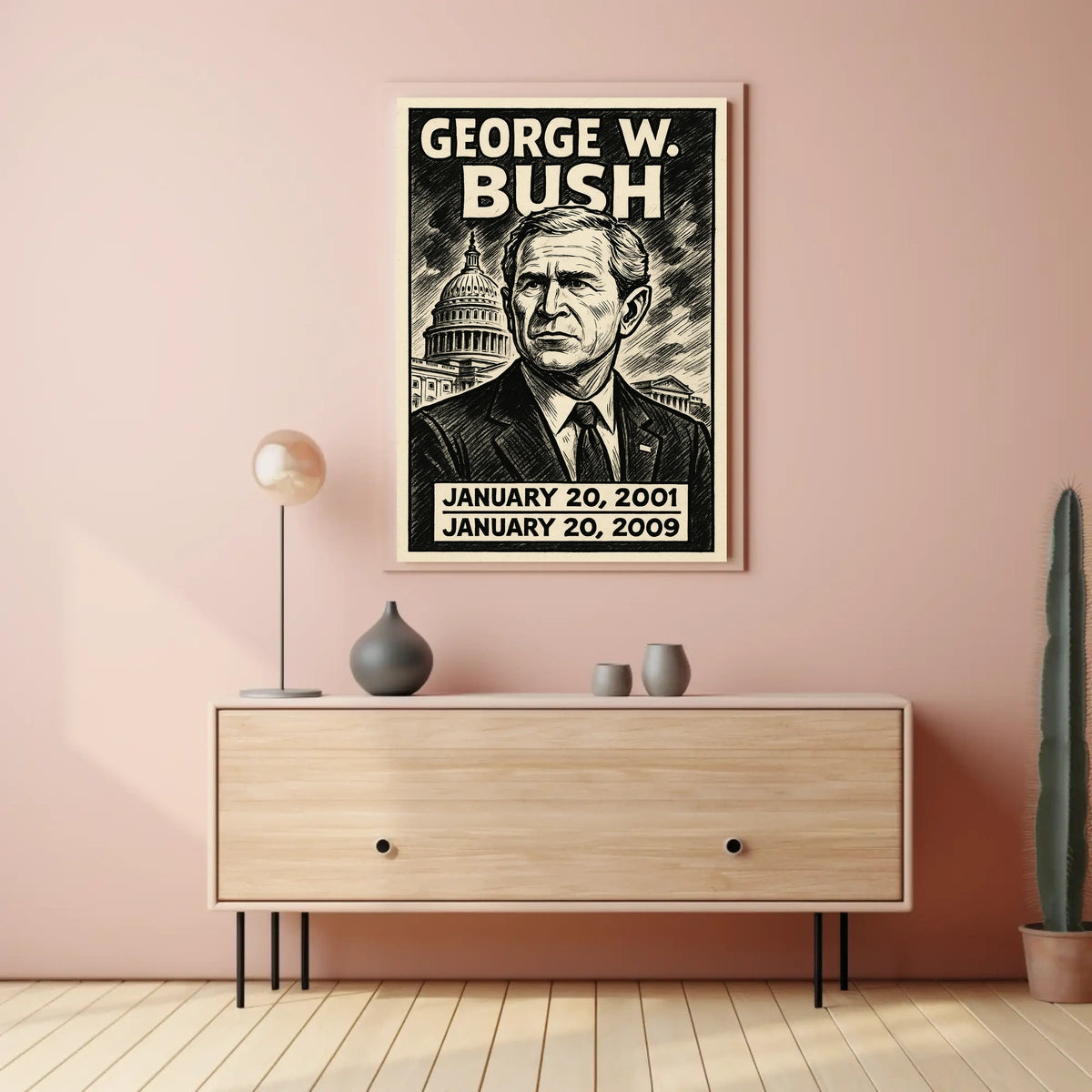 George W. Bush 43rd President of the United States B & W Comic Sketch Poster