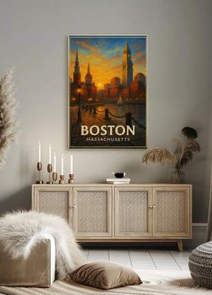 Boston Massachusetts Cobblestone Harbor Sunset Travel Poster