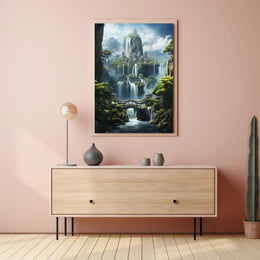 Mythical City in Enchanting Mountains Futuristic Sci-Fi Poster