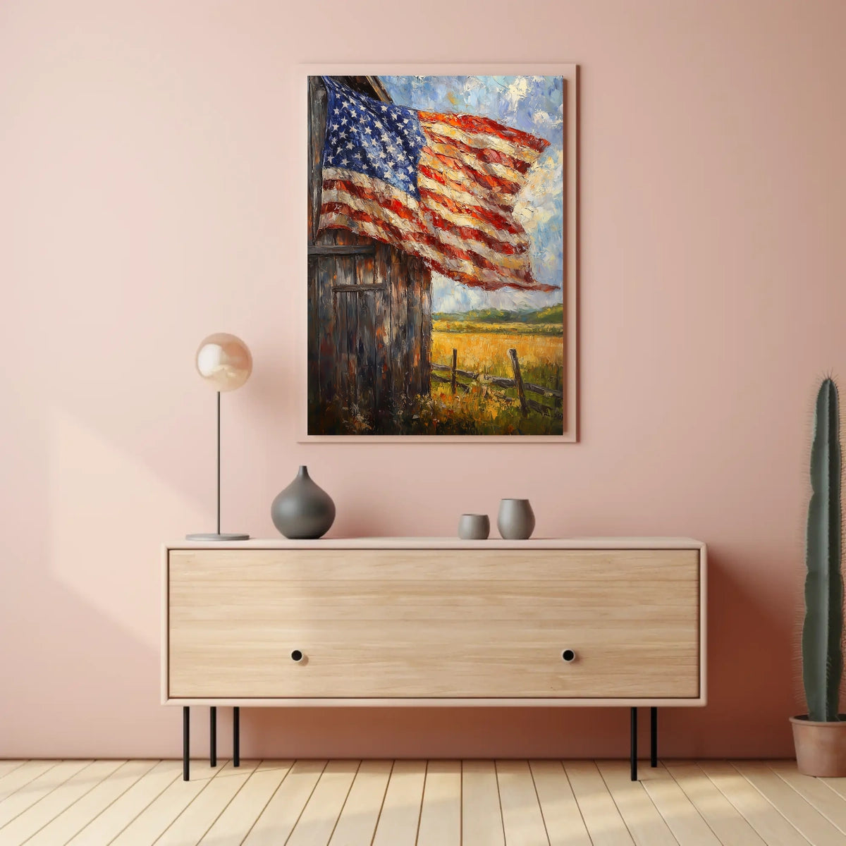 Flag Draped Rustic Wooden Barn Landscape With Fence Poster