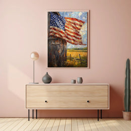 Flag Draped Rustic Wooden Barn Landscape With Fence Poster