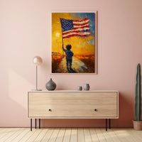 child holding a large American flag Poster