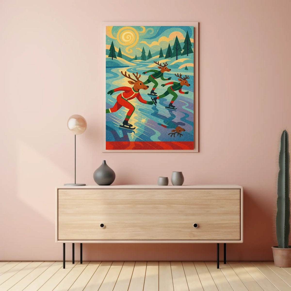 Whimsical Reindeer Skating Retro Art Poster