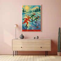 Whimsical Reindeer Skating Retro Art Poster