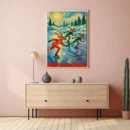 Whimsical Reindeer Skating Retro Art Poster