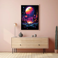The poster features a vibrant and surreal sci-fi landscape. The core subject is Travel Poster