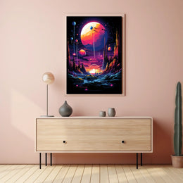 The poster features a vibrant and surreal sci-fi landscape. The core subject is Travel Poster