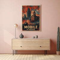 Mobile Alabama Vintage Cityscape Retro Eighties Art Deco Travel Architecture Heritage Inspired Gulf Coast Poster