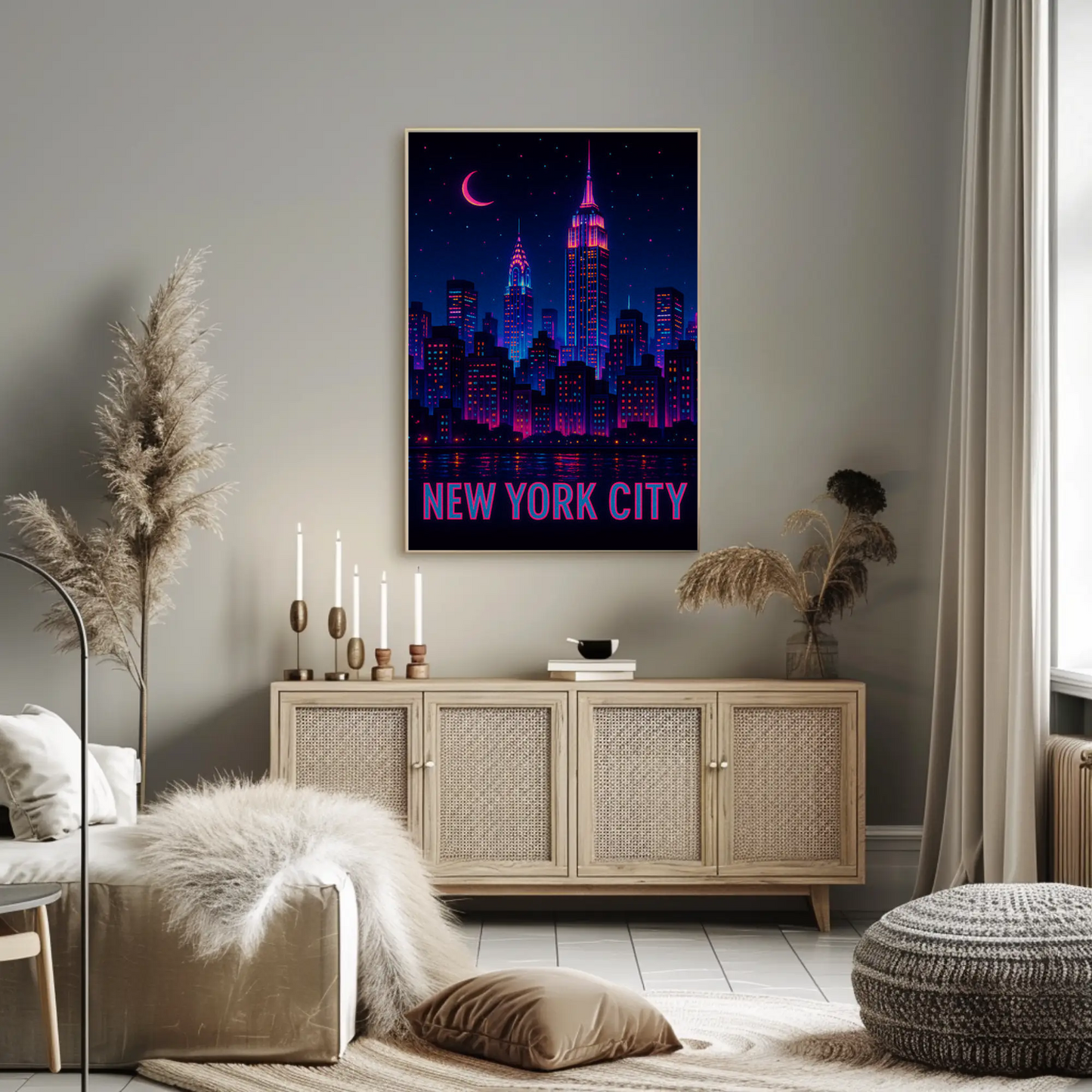 New York Neon Skyline Empire State Night Stars Travel Poster