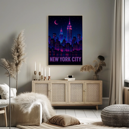 New York Neon Skyline Empire State Night Stars Travel Poster