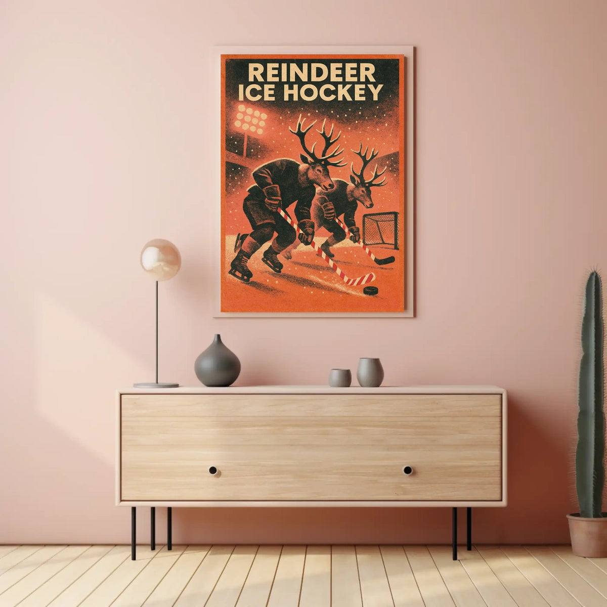 Reindeer Ice Hockey Vintage Sports Poster