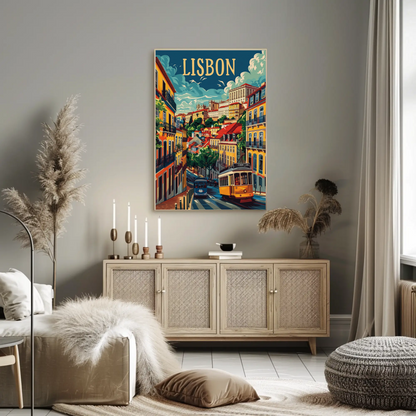 Lisbon Yellow Tram and Alfama Streets Travel Poster