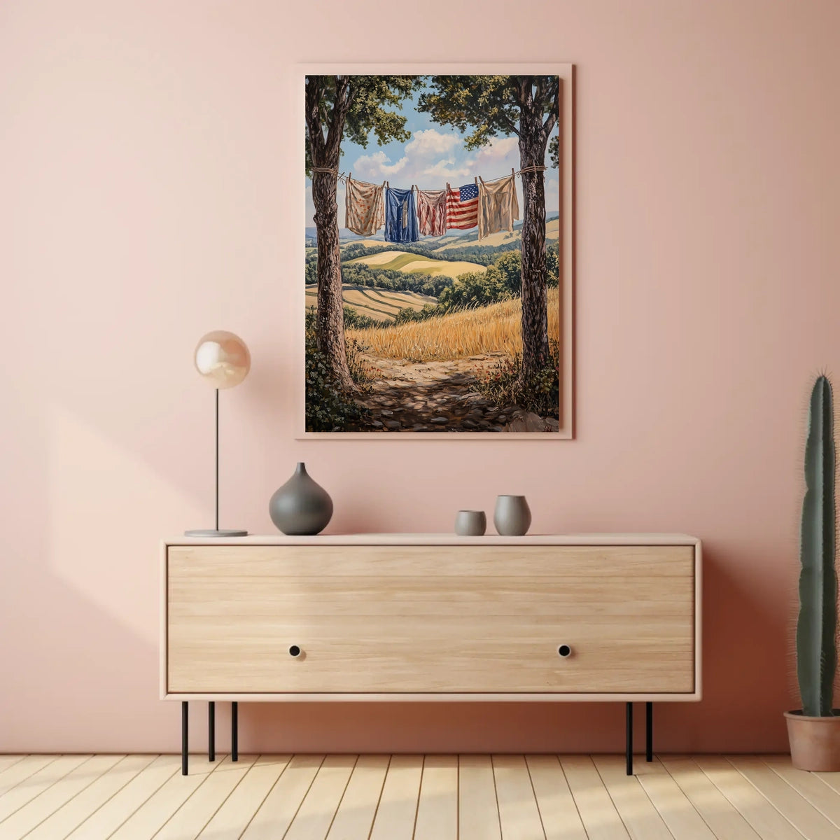 Clothesline Between Two Trees Overlooking Countryside Poster