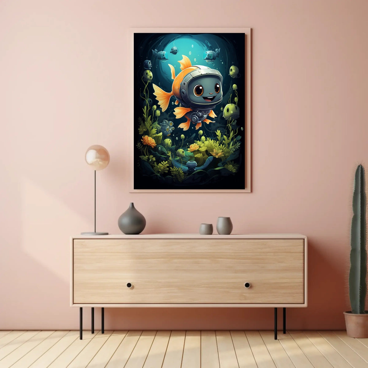 Goldfish in Futuristic Robotic Helmet Poster