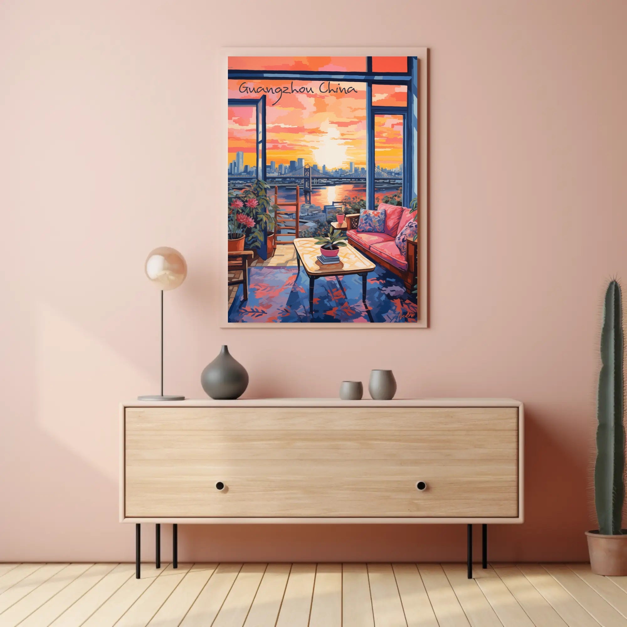 Guangzhou Sunset Cityscape with Cozy Interior Poster