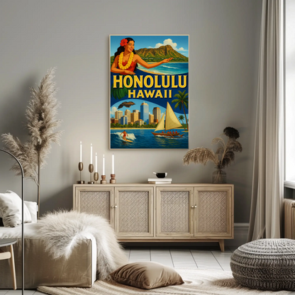 Honolulu Hawaii Surfer Skyline Hula Travel Poster