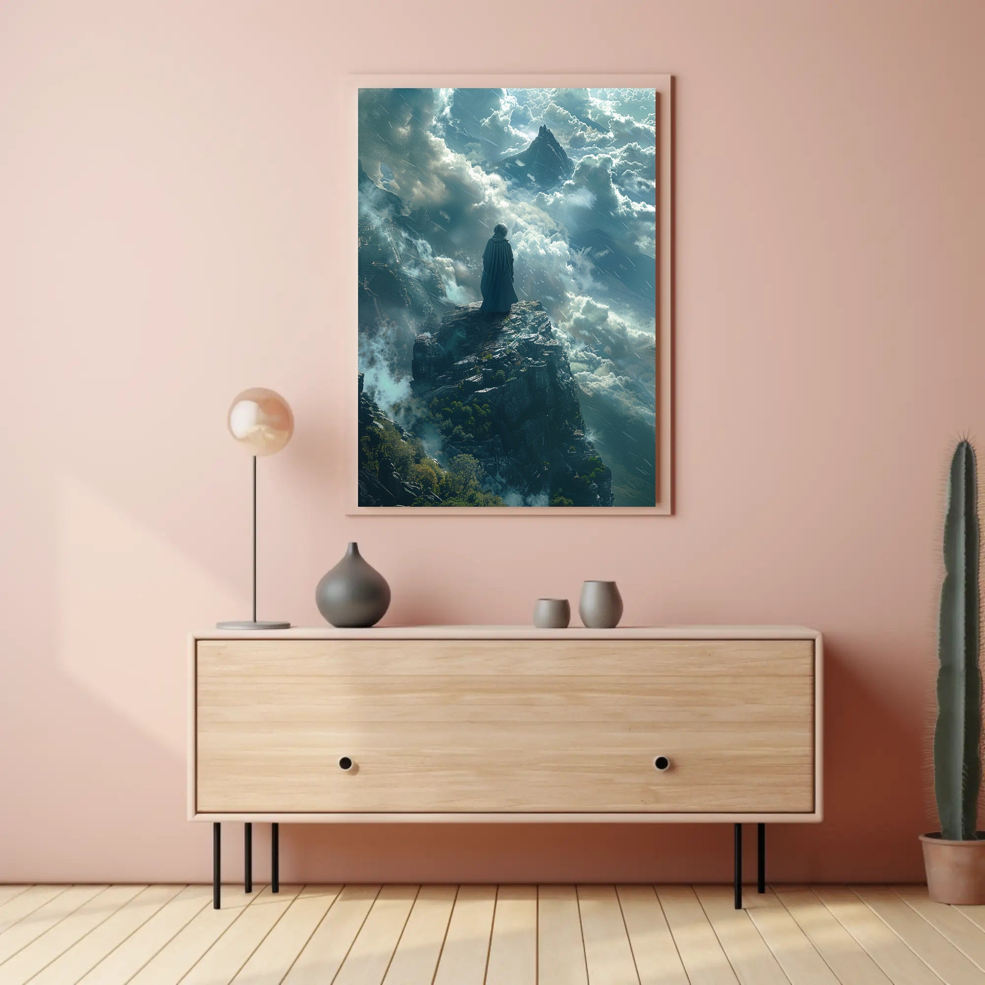 Ethereal Figure Amidst Mystical Peaks Fantasy or Mythology Poster PosterGoat