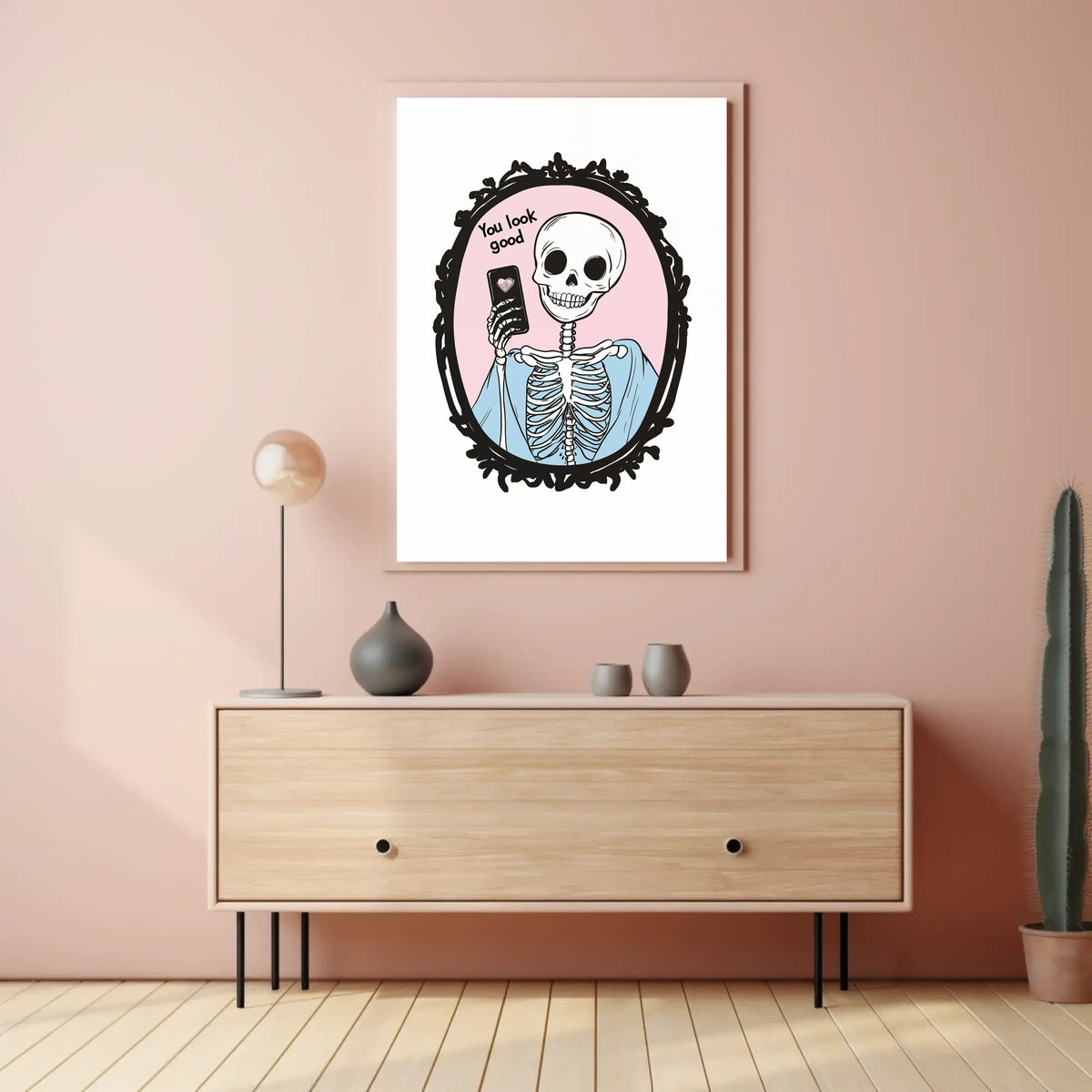 Humorous Skeleton Self-Image Cartoon Phone Heart Poster