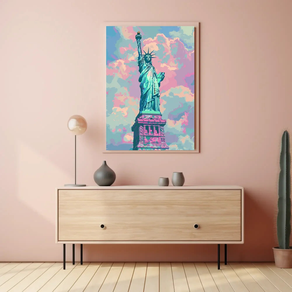 The poster features an artistic depiction of the Statue of Liberty, a symbol Travel Poster