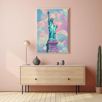 The poster features an artistic depiction of the Statue of Liberty, a symbol Travel Poster