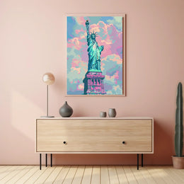 The poster features an artistic depiction of the Statue of Liberty, a symbol Travel Poster