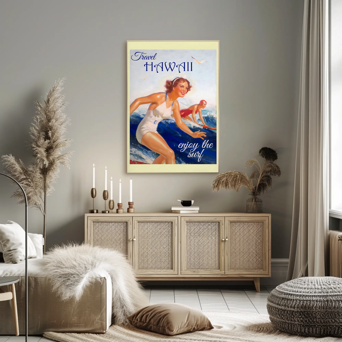 Hawaii Vintage Women Surfing Ocean Retro Travel Poster