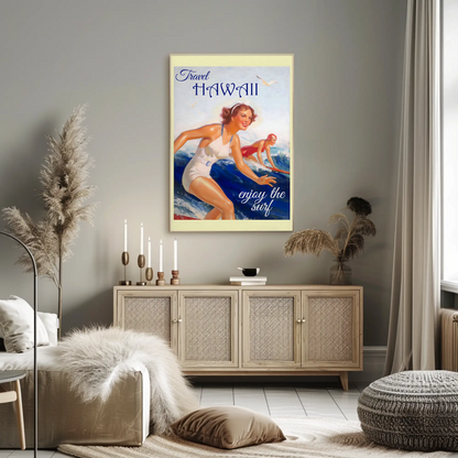 Hawaii Vintage Women Surfing Ocean Retro Travel Poster