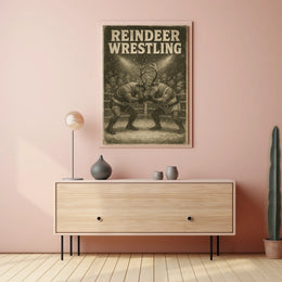 Reindeer Wrestling Holiday Whimsy Poster - Fantasy or Mythology Poster