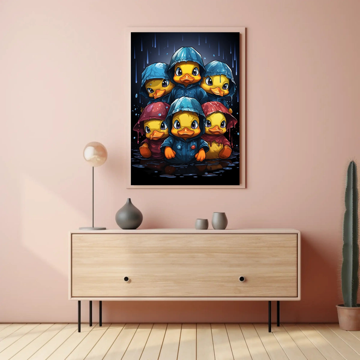Playful Ducks in Raincoats Whimsical Art Poster