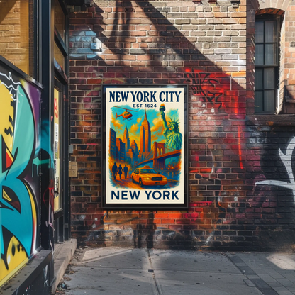 New York City Skyline Taxi Liberty Vintage Travel Poster