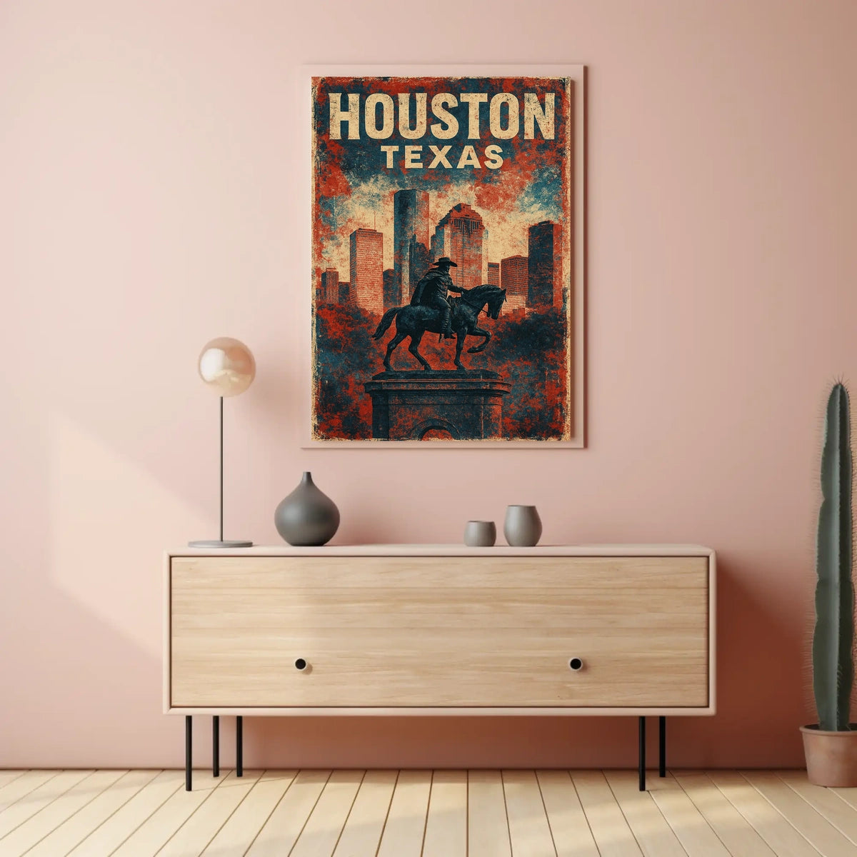 Patriotic Houston Skyline Cowboy Vintage Cityscape Poster