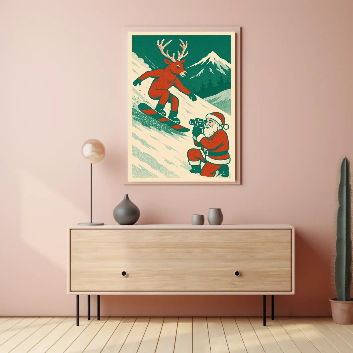 Whimsical Reindeer Snowboarding Vintage Holiday Poster